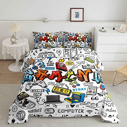 Loussiesd Gaming Comforter for Boys Teen Video Game Bedding Set for Kids Gamer Comforter for All Season Gamepad Home Decor for Comforter Set Single,1 Comforter with 1 Pillowcase Blue Black Grey