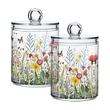 Grgvtei Wild Flowers and Butterflies 2 Pack Apothecary Jars, Clear Plastic Qtip Holder with Lids, 10 oz Storage Dispenser Bathroom Container for Cotton Ball Cotton Swab Floss