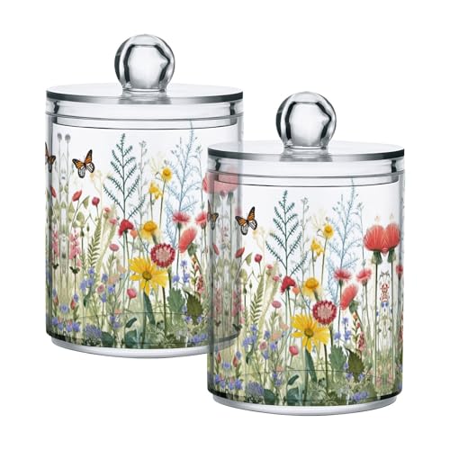 Grgvtei Wild Flowers and Butterflies 2 Pack Apothecary Jars, Clear Plastic Qtip Holder with Lids, 10 oz Storage Dispenser Bathroom Container for Cotton Ball Cotton Swab Floss