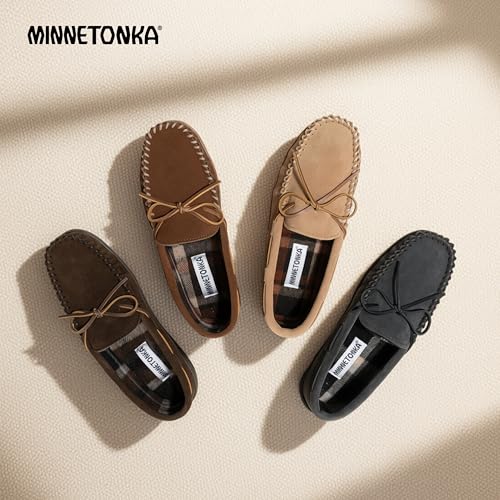 Image of Minnetonka Plaid Lined Hardsole - Moccasin Slippers for Men Made with Suede Upper, Rubber Sole, Plush Interior, Fleece Lining, Rawhide Lace, and Traditional Moccasin Design
