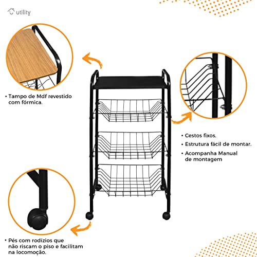 Fruteira de Chão Cesta de Frutas Aramada Com Rodas Cozinha Cor:Preto/Itaúba