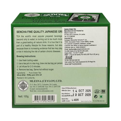 Image of Mlesna Sencha Japanese Green Tea 100g | 50 Foil-Wrapped Tea Bags | Pure Ceylon Green Tea | Rich in Antioxidants | Imported from Sri Lanka