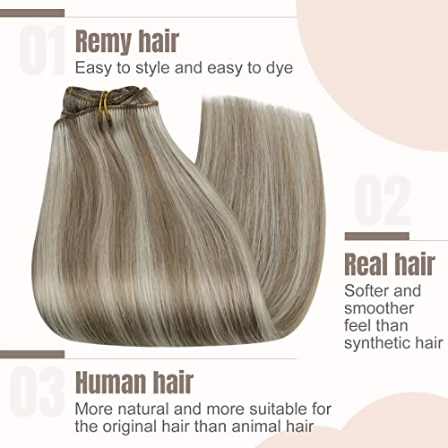 Fshine Human Hair Clip in Extensions Light Brown Highligh Platinum Blonde Clip in Hair Extensions 16 Inch Seamless Human Hair Clips Double Weft 120g 7Pcs - Image 2