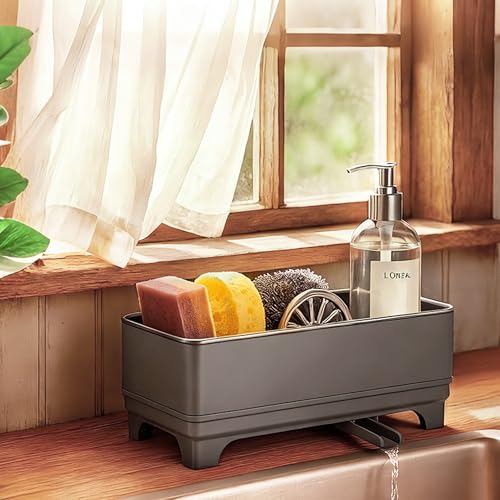 MOUKABAL Sponge Holder for Kitchen Sink – Rustproof Stainless Steel, 360° Rotating Drain Pipe, Large Counter Organizer with Drip Tray for Sponges, Brushes & Dish Cloths Grey