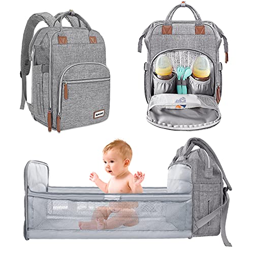 Image of MIYCOO Diaper Bag Backpack with Foldable Baby Bed Bag Large Storage Waterproof Mummy Bag Diaper Backpack for Men Women 3 in 1 (Grey)