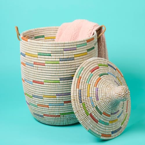 Wicker Laundry Basket, Colorful Pattern on White, 15