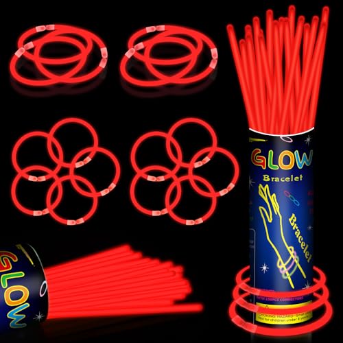 100 Pack 8 Red Glow Sticks Bulk - Glow Necklaces & Bracelets with Connectors Bright Neon Glow in The Dark Party Favors Supplies for Christmas Halloween Birthday 4th of July New Year Wedding