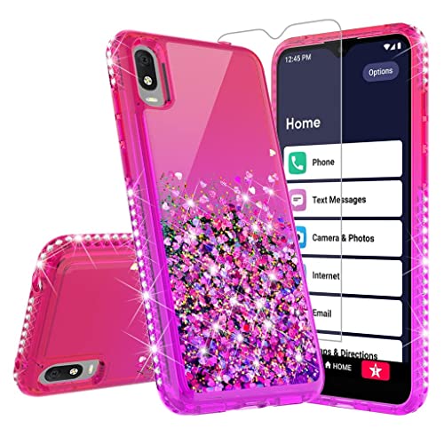 Case for Jitterbug Smart 3 (2021) / Lively Smart Case Liquid Glitter Cute Phone Case Ring Kickstand Case Cover Clear Bling Diamond for Girls Women - Pink/Aqua, Ring Pink/Aqua
