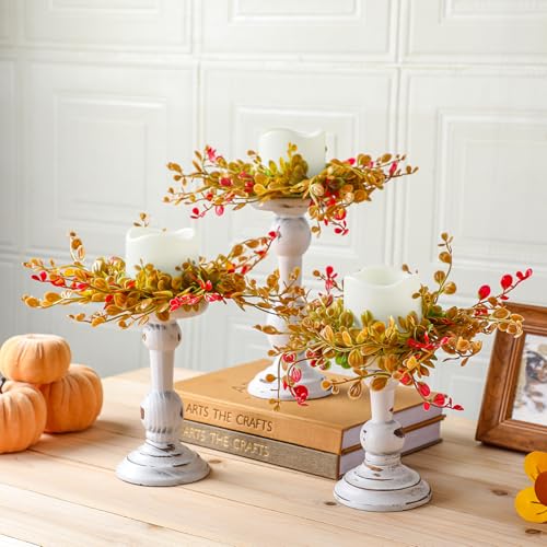 Mumufy 6 Pcs Thanksgiving Rustic Wooden Candle Holders for Pillar Farmhouse Candles 3 Set Vintage Fall Table Centerpiece Decoration Thanksgiving Autumn Candlestick Wreath Ring for Dinning Room Kitchen