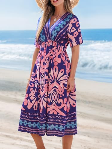 Image of CUPSHE Summer Womens Summer Dresses V Neck Short Sleeve Vacation Casual Smocked Beach Midi Wedding Guest Dress