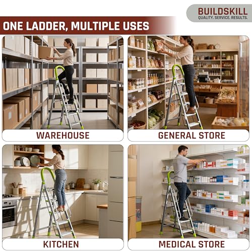 Image of BUILDSKILL Aluminium Ladder for Home 5 Steps | 34x16cm Wide Anti-Slip Aluminium Steps | Stainless Steel Body | Handrails | Load 150 Kg | Foldable Lightweight 5.35KG Ladder for Kitchen, Office & Home
