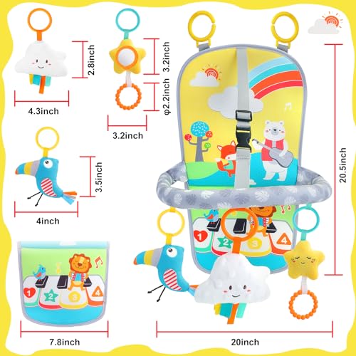 Image of Baby Car Seat Activity Toy for 6+ Months - Rear Facing Travel Toy with 2-Level Volume Music, Teether & Plush Toys, Adjustable Arch for Infants