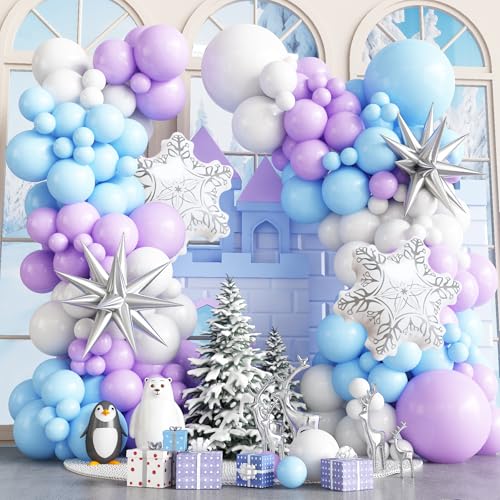 Winter Wonderland Balloon Arch Garland Kit, Baby Blue Purple Balloons with Spike Star Snowflake Foil Balloons for Ice Wonderland Christmas Baby Shower Snow Princess Birthday Party Decorations Supplies