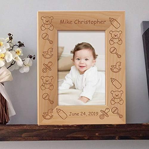 Baby's Name and Birthdate Personalized Wooden Picture Frame 5" x 7" Brown (Vertical)