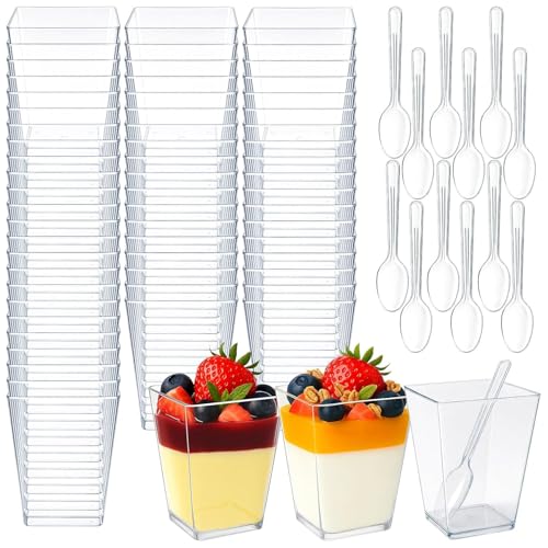 50 Pack 150ml Dessert Cups with Spoons,Clear Plastic Square Cup -...