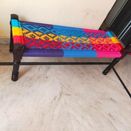 Image of Handwoven Wooden Bench | Traditional Rope Charpai Stool | Solid Wood Frame Seating for Living Room, Balcony & Outdoor | Durable & Stylish Design (Multicolor)