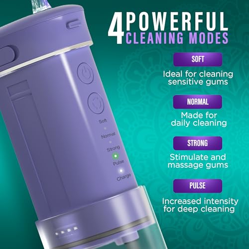 GuruNanda Compact Water Dental Flosser, Portable Travel Size Oral Irrigator Flosser with Collapsible 180 ml Tank, Smart Timer, 4 Flossing Modes, TSA-Approved - Lavender - Thumbnail 4