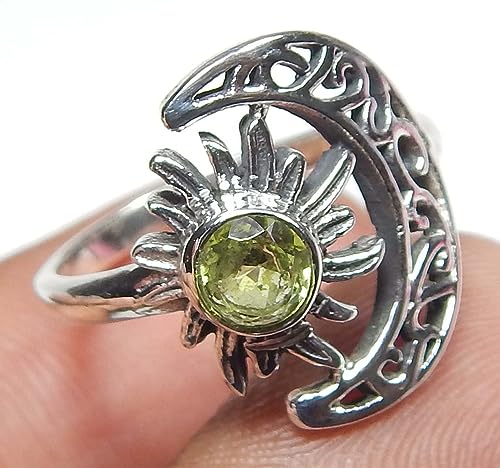 Crescent Moon And Sun Natural Peridot Round Faceted Gemstone 925 Sterling Silver Peridot Ring Jewelry for Good Luck Promise Ring Vintage Ring Birthday Gift Gift For Her4