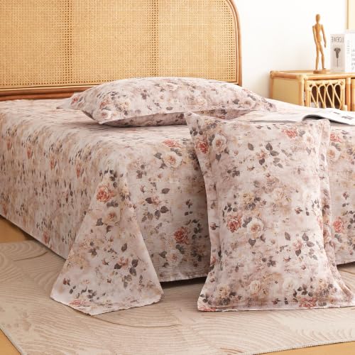 Image of Story@Home King Size Air Cotton Bedsheet 240 TC Flat Sheet with 2 Pillow Covers, Soft & Durable Bed Sheet for King Bed (250 x 270 cm, Floral Print, Ivory Rose)