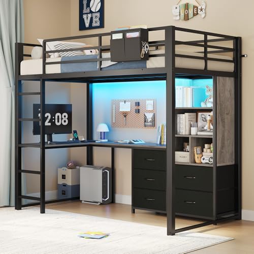ADORNEVE Loft Bed Full Size with L Desk, 5-Tier Bookshelf, 5 Storage Drawers, LED Metal Loft Bed with Power Outlet, Loft Beds with Safety Guardrail & Ladders, No Box Spring Needed, Black