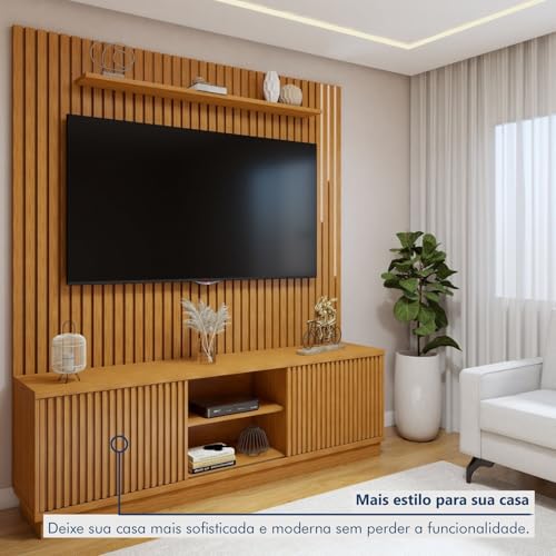 Conjunto Rack Arezzo 180cm com Painel Ripado com Led para Tv de até 75 Polegadas com Led Paris Natur