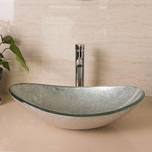 Sliverylake Oval Artistic Silver Green Bathroom Glass Vessel Sink With Faucet & Pop-Up Drain Combo #TOP7