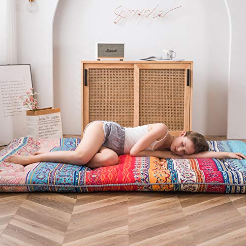 Maxyoyo Bohemian Retro Mattress Vintage Floral Japanese Futon Roll Up Tatami Floor Mat Foldable Bed Portable Camping Mattress Sleeping Pad Floor Lounger Couch Bed Full Size #TOP2