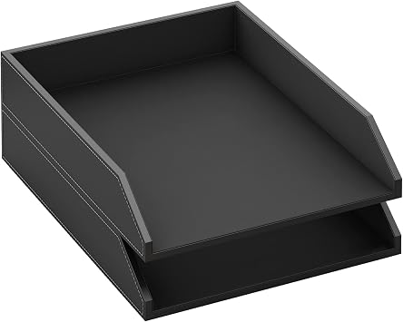 Leather Letter Tray, Thipoten Stackable Desk Organizer Holder for Office Supplies, Paper, File, Magazine, Perfect Office Organization for Desktop Black-2Tiers