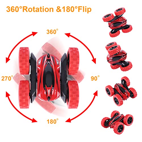 2 Pack Remote Control Car Rc Stunt Car For Kids, Acekid 2.4 Ghz 4Wd Double Sided 360°Rotating Rc Trucks With Headlights, Fast Rc Cars For Boys Age 8-12 Birthday Gift , Blue+Red (4 Batteries) #TOP2