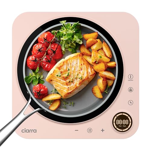 Ciarra Placa de Inducción Portátil 1 Fuego 2000W de Potencia en 8 Niveles, Placa Induccion con cuerpo delgado, Display Táctil, Temporizador, Rose, CBTIH1A P