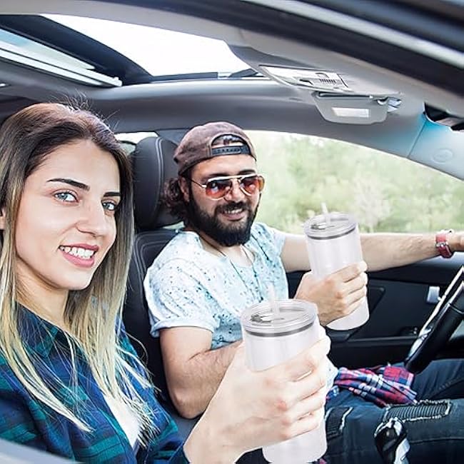 16oz Travel Coffee Tumbler, Insulated Tumbler with Lid and Straw, Double Walled Coffee Mugs, Reusable Plastic Cups, Car Cup Holder Compatible, 2 Pack (2, Clear)