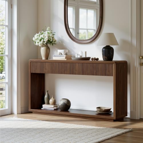 Evermagin 59 Walnut Entryway Table with Drawers Fluted Console Table Mid Century Modern Sofa Table with Storage for Living Room Entrance Hallway