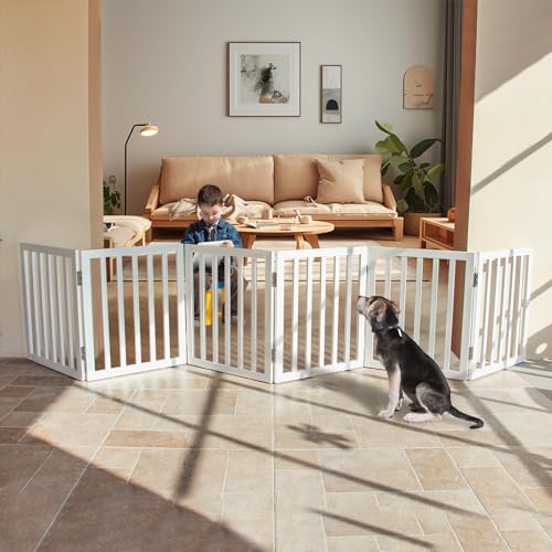 Freestanding-Indoor-Dog-Gate-for-House-Foldable-Wood-White-Puppy-Gate-for-Doorways-Pet-Gate-for-Stairs-Extra-Wide-Pet-Fence-24-Height-6-Panels Cucciolini Doodles