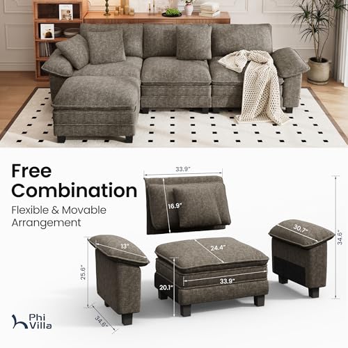 Image of PHI VILLA Cloud Modular Couch Sets, 123.6 inch Sectional Sofa with L-Shaped Chaise, 4-Seater Upholstered Couches with Movable Ottoman for Living Room, Chenille Fabric, Smoky Grey