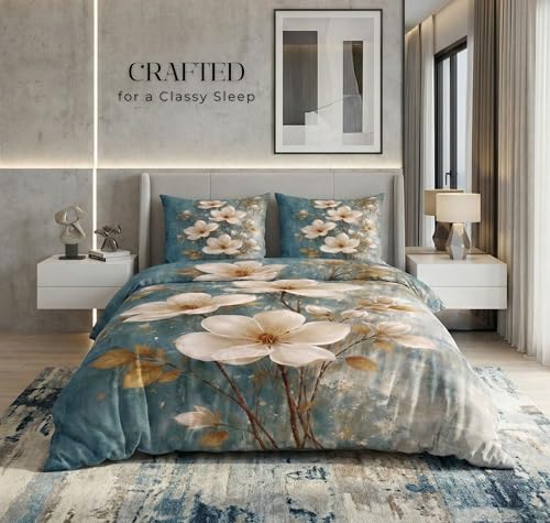 Image of SANMARINO 300 TC Cloud Cotton Pixel 7D King Size Bedsheet with 2 Pillow Cover | Premium 7D Floral Printed Bedding Set | Ultra Soft & Breathable | 108x108 Inch | Azure Magnolia Royal Bloom