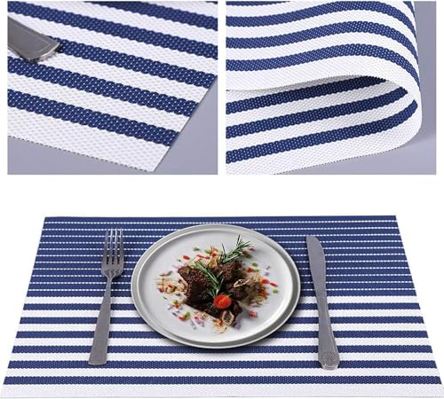 Image of YELONA Dining Table Placemats Set of 4 - Heat-Resistant, Non-Slip, Washable & Stain Resistant Woven PVC Vinyl Table Mats for Kitchen & Dining - 45 x 30 cm, Black & White
