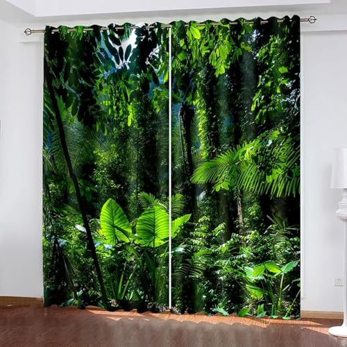 ANAZOZ Cortinas para Habitacion con Ojales,2 x 137W x 229H CM,Cortinas Opacas 2 Piezas Paisaje de Árboles Cortina de Habitacion Verde