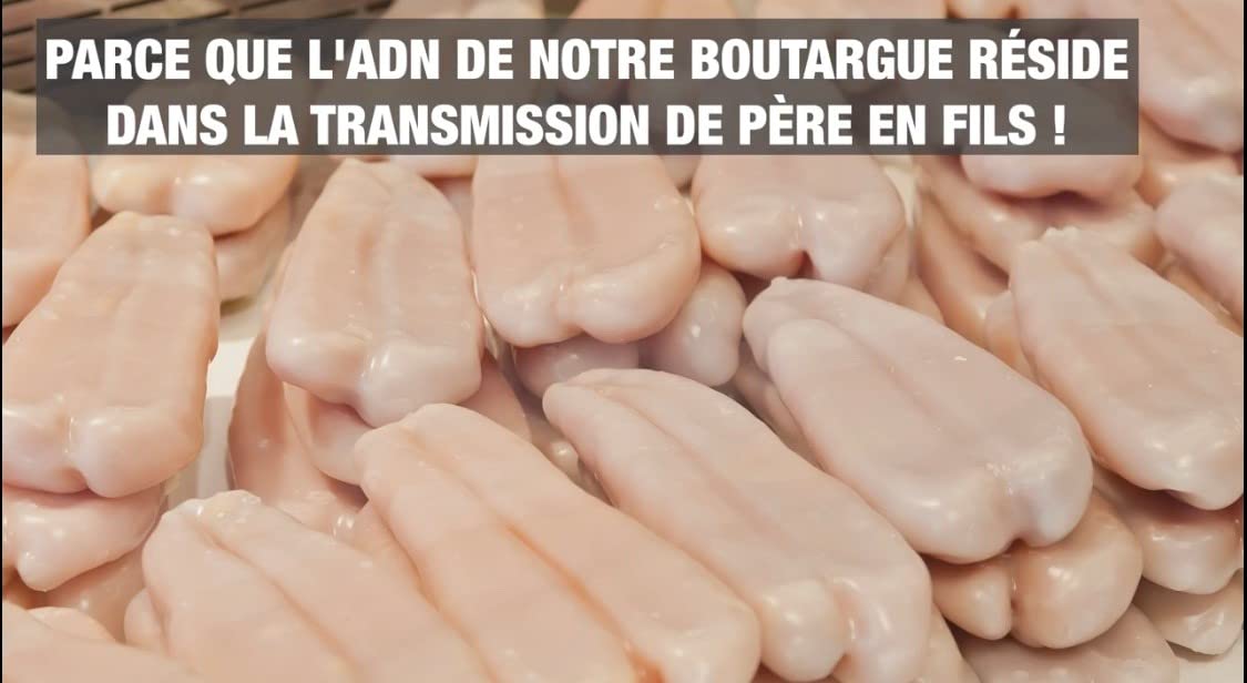 BOUTARGUE KOSKAS HAUTE QUALITE PREMUIM 110/130g BRUT AVEC CIRE FABRICATION FRANCAISE. ATTENTION LES BOUTARGUES DE PETITE TAILLE SONT PLUS SECHE.