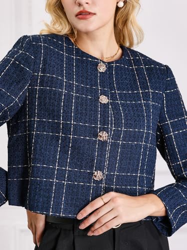 Women's Collarless Blazer Plaid Button Front Crop Tweed Jacket4