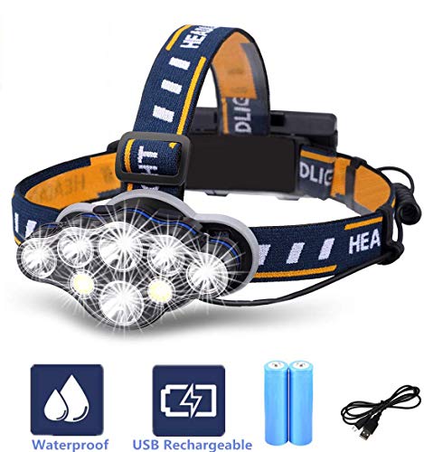 VORRINC Lampe Frontale Super Lumineuse LED Rechargeable Headlight, Lampe Étanche Puissante avec 8 LEDs 8 Modes d’Eclairage pour Camping, Cyclisme, randonnée