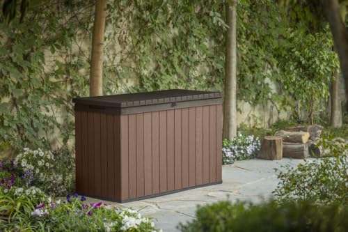 Keter Darwin Gartenbox 662L Braun – Wetterfeste Outdoor Aufbewahrungsbox in Holzoptik, abschließbarer Deckel mit Hydrauliksystem, UV-geschützt, wartungsfrei, Sitzgelegenheit für 2 Personen