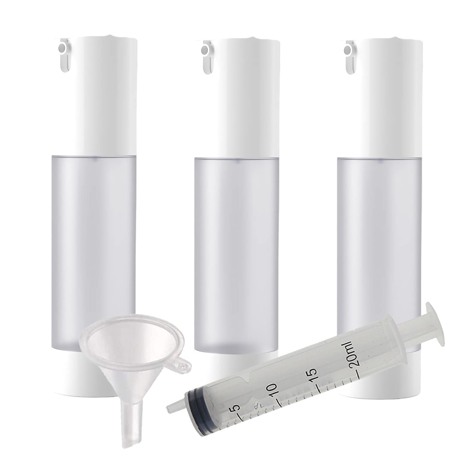 TIANZD 3Pcs Empty 50ml Airless Pump Bottles Travel Translucent Plastic Vacuum Lotion Containers Dispenser for Cosmetic Foundation Lotion Gel Refillable - No Straw Required, with Syringe Funnel