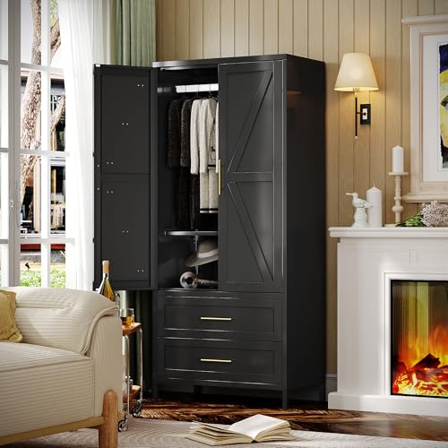 Image of SUPEER Metal Wardrobe Closet with Drawers and Hanging Rod, 71 inch H Armoire Storage Cabinet for Bedroom, 2 Drawers, Adjustable Shelf, 4 Leveling Feet, Required Assembly, Black