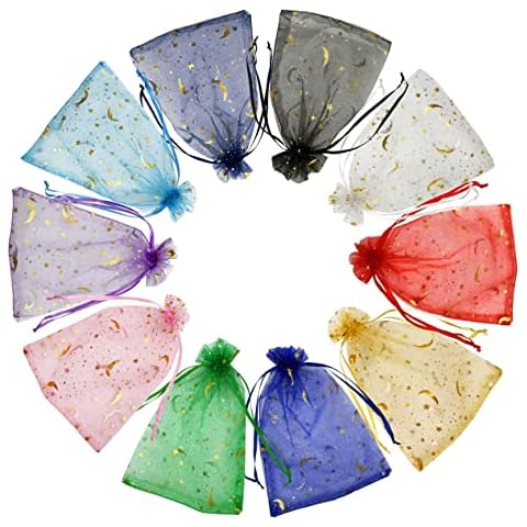 Jexila 100PCS Organza Bags 5''X7'' Moon Star Drawstring Mesh Gift Bags for Wedding Party Favor Candy Bags (Rainbow) Cover
