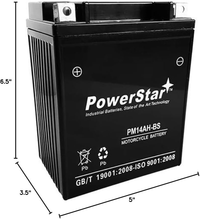 Rechargeable 14A-A2 Powersport Battery- Maintenance Free & Sealed- Replaces YTX14AH, UTX14AH=BS, PTX14AH-BS