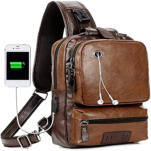 Bolso bandolera de cuero PU marrón para hombre con puerto de carga USB 1