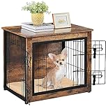 Yaheetech Indoor Dog Crate Furniture End Table with Cushion & Double Doors for Puppies Chihuahuas, Yorkshires, Pomeranians, Small Dog Cage ，69x51x61 cm, Rustic Brown