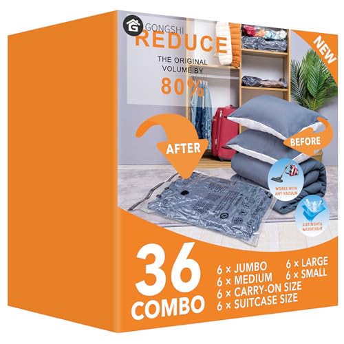 Image of GONGSHI Vacuum Storage Bags, Space Saver Seal Bags For Clothing, Travel Luggage,Blankets, Comforters, Pillows, Clothes Storage.36 Combo