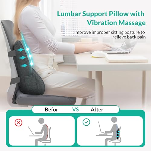 Snailax Heated Lumbar Support Pillow for Office Chair, Back Support Pillow for Car, Adjustable Heat and Vibration, Ergonomic Back Cushion, Improve Posture & Pain, Lower Back Massager,Gifts - Thumbnail 2