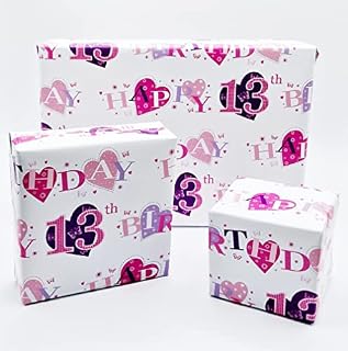 4 Sheets + 4 Gift Tags Heart Design 13th Birthday Pink Female Wrapping Paper Age 13 Birthday Gift Wrap Paper Pink Female (PA)